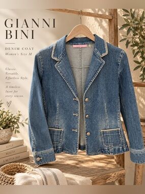 Gianni Bini Denim Blazer Jacket Women’s M Stretch Contrast Stitch